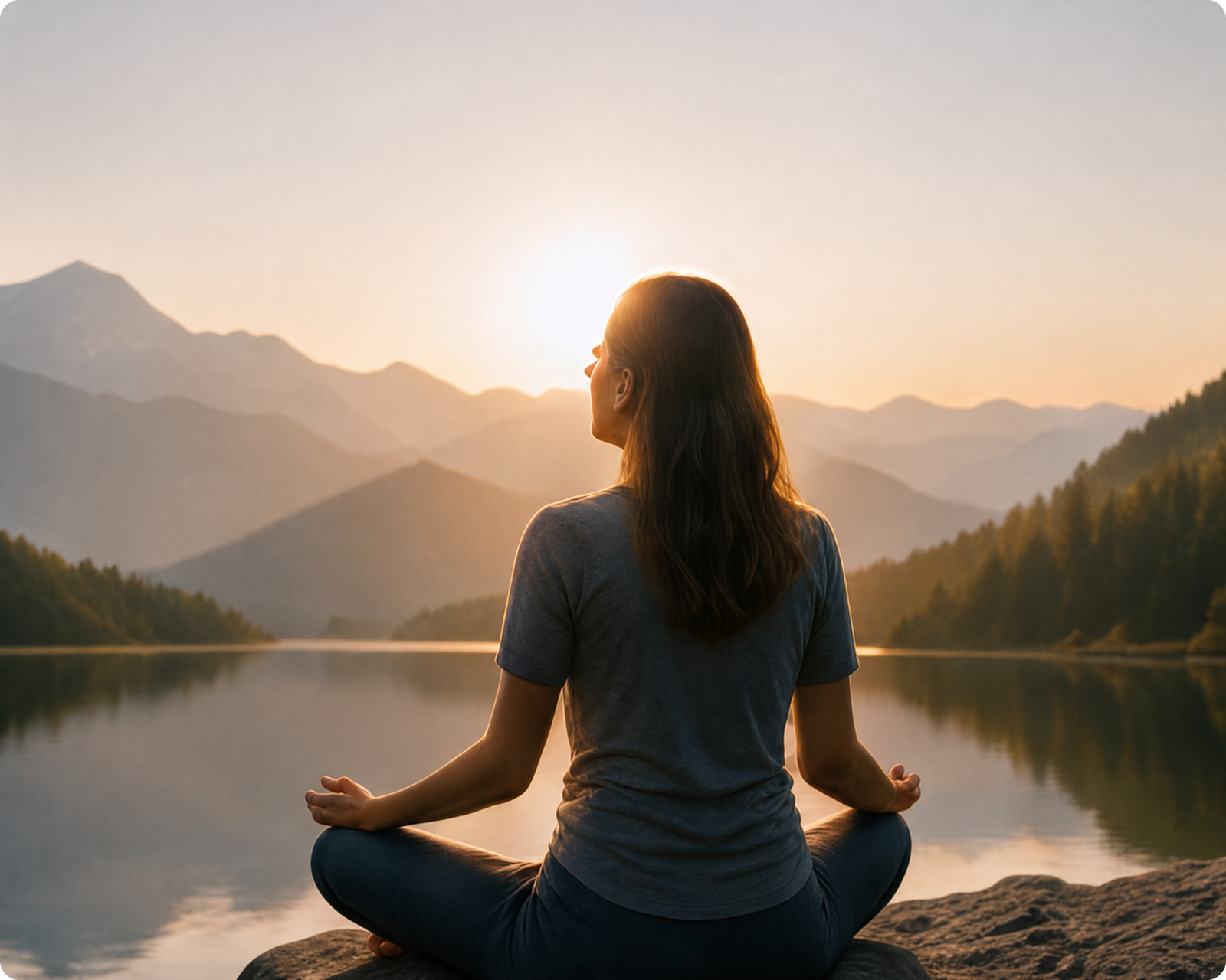 Woman meditating beside a quiet mountain lake