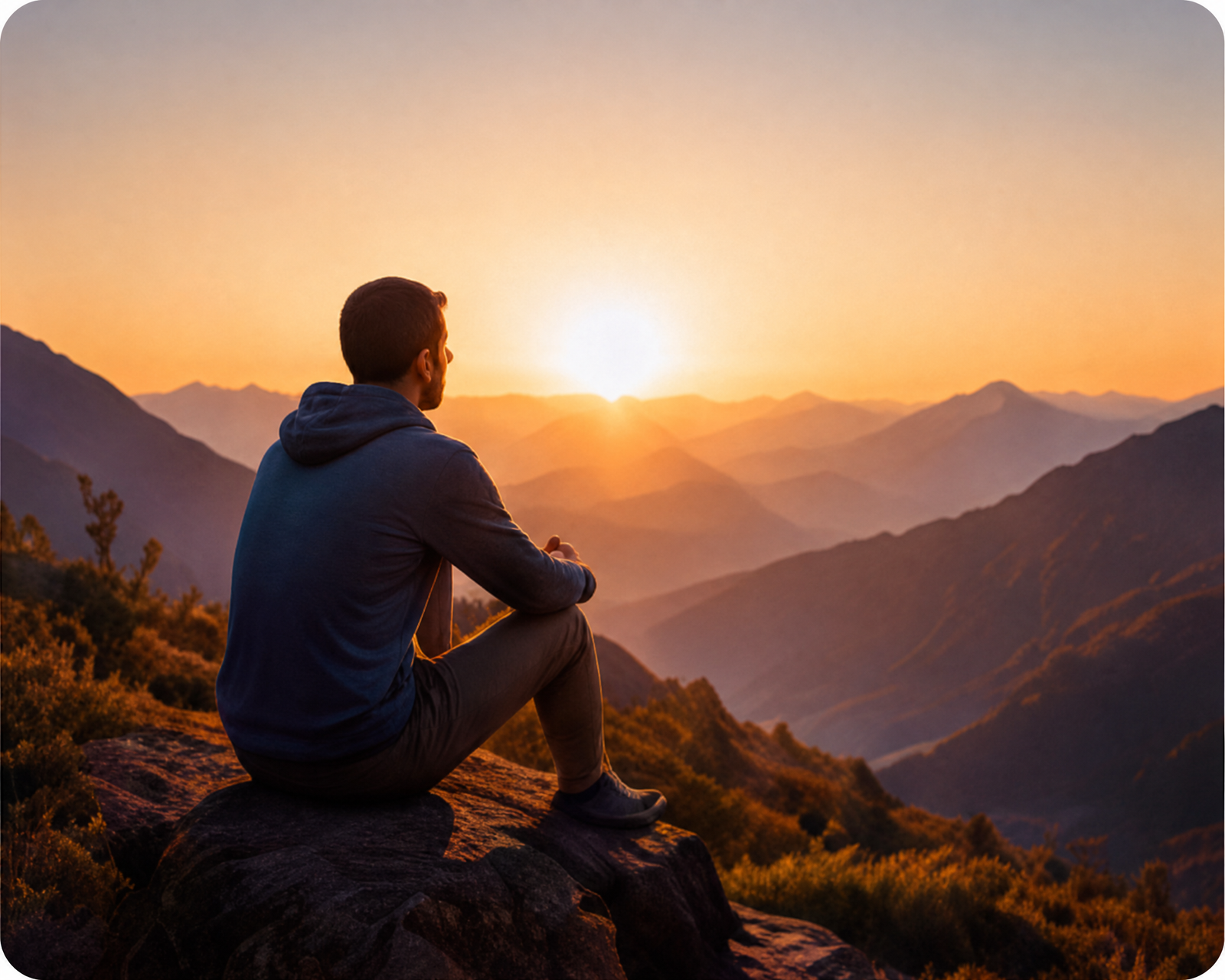 Person overlooking mountains at sunrise