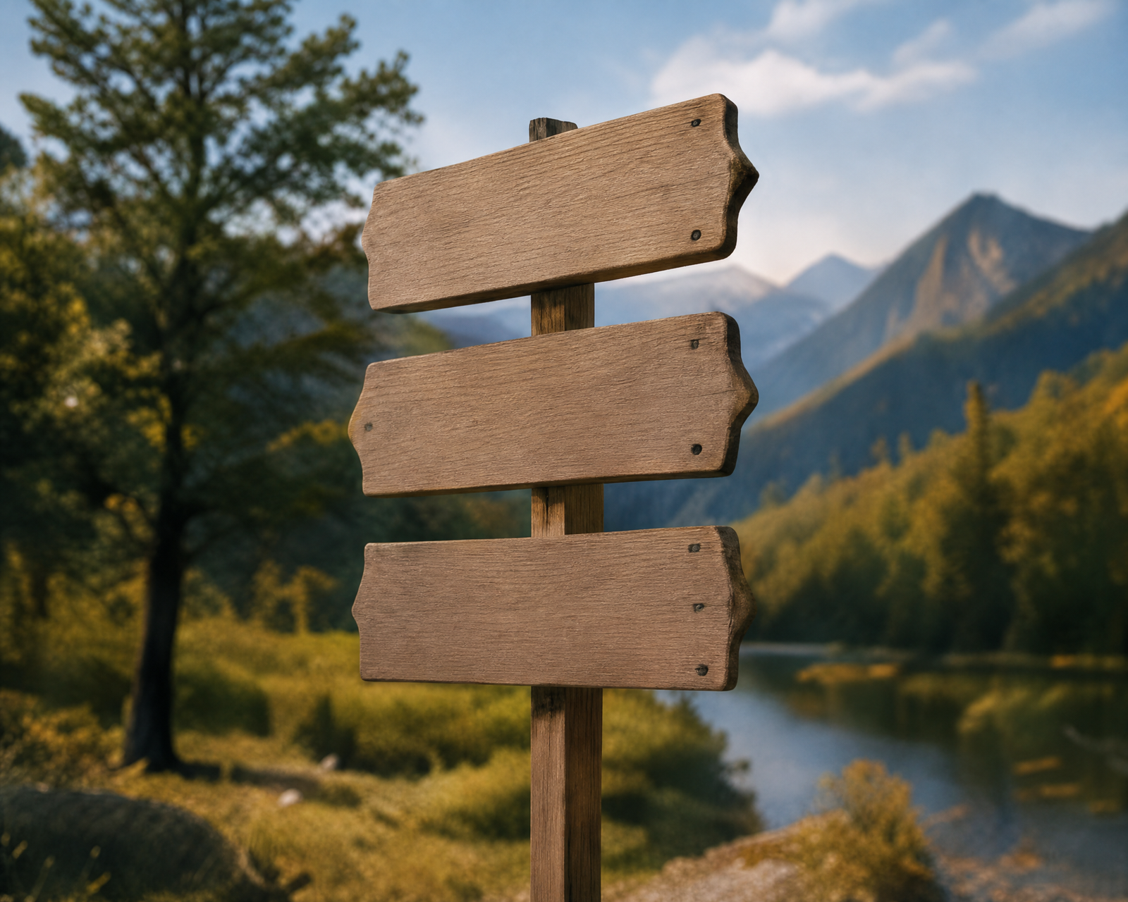 Wooden signposts pointing to past present and future