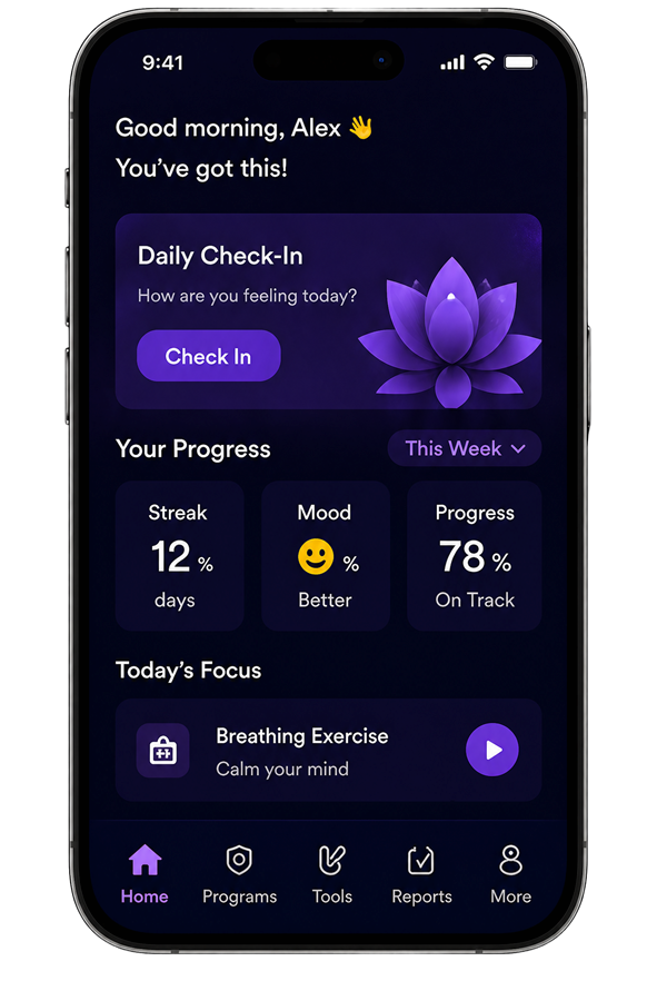 LEAP app home screen showing a daily check-in, weekly progress and today's focus