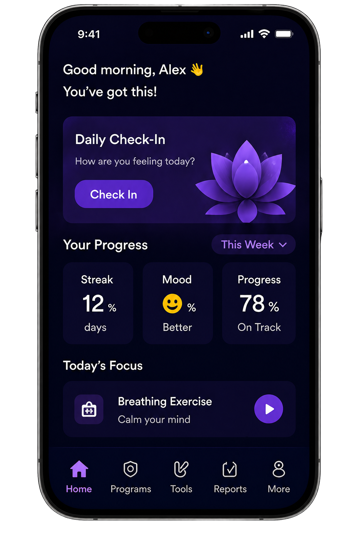 LEAP mobile app showing daily check-in, progress tracking and recovery tools